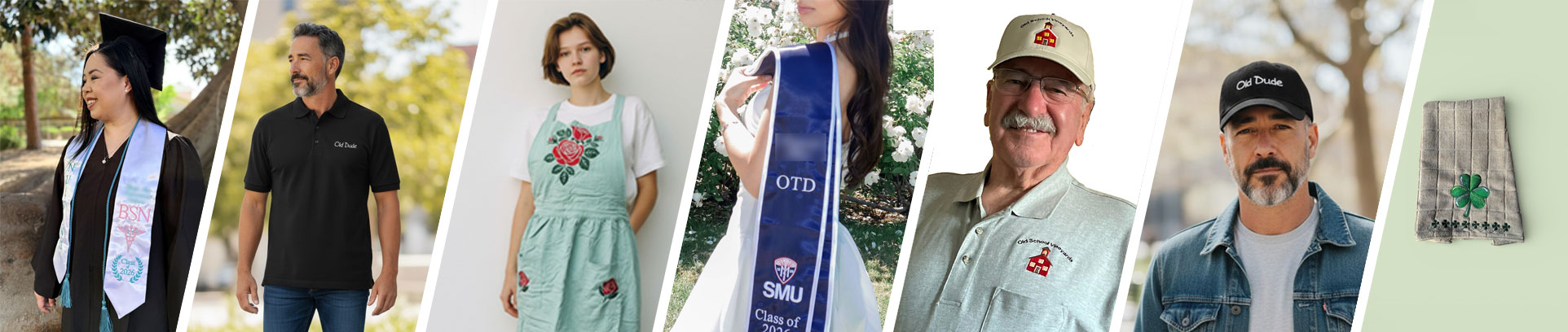 Variety of images showing different people wearing custom embroidered items