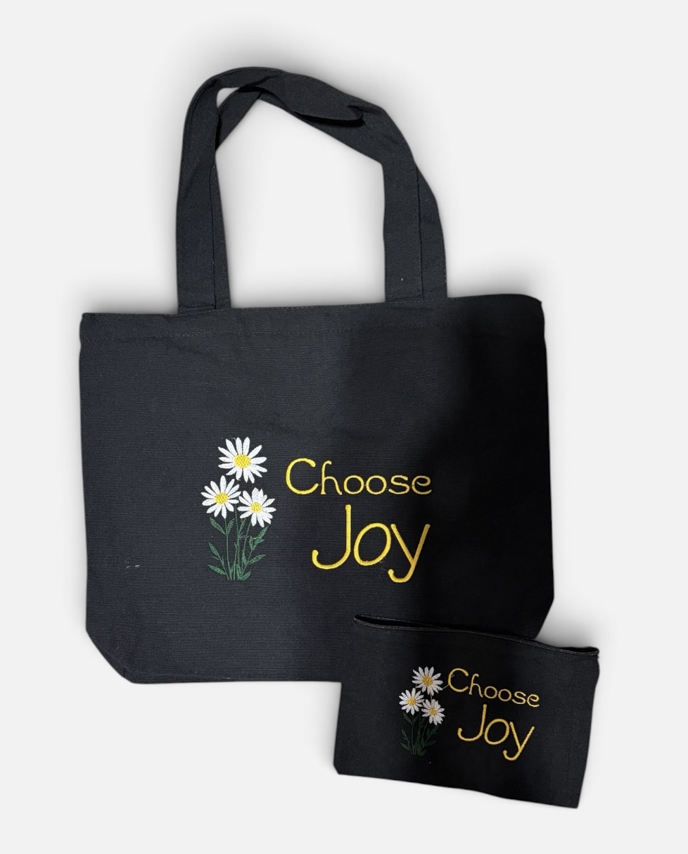 Choose Joy canvas bag and matching small zippered pouch